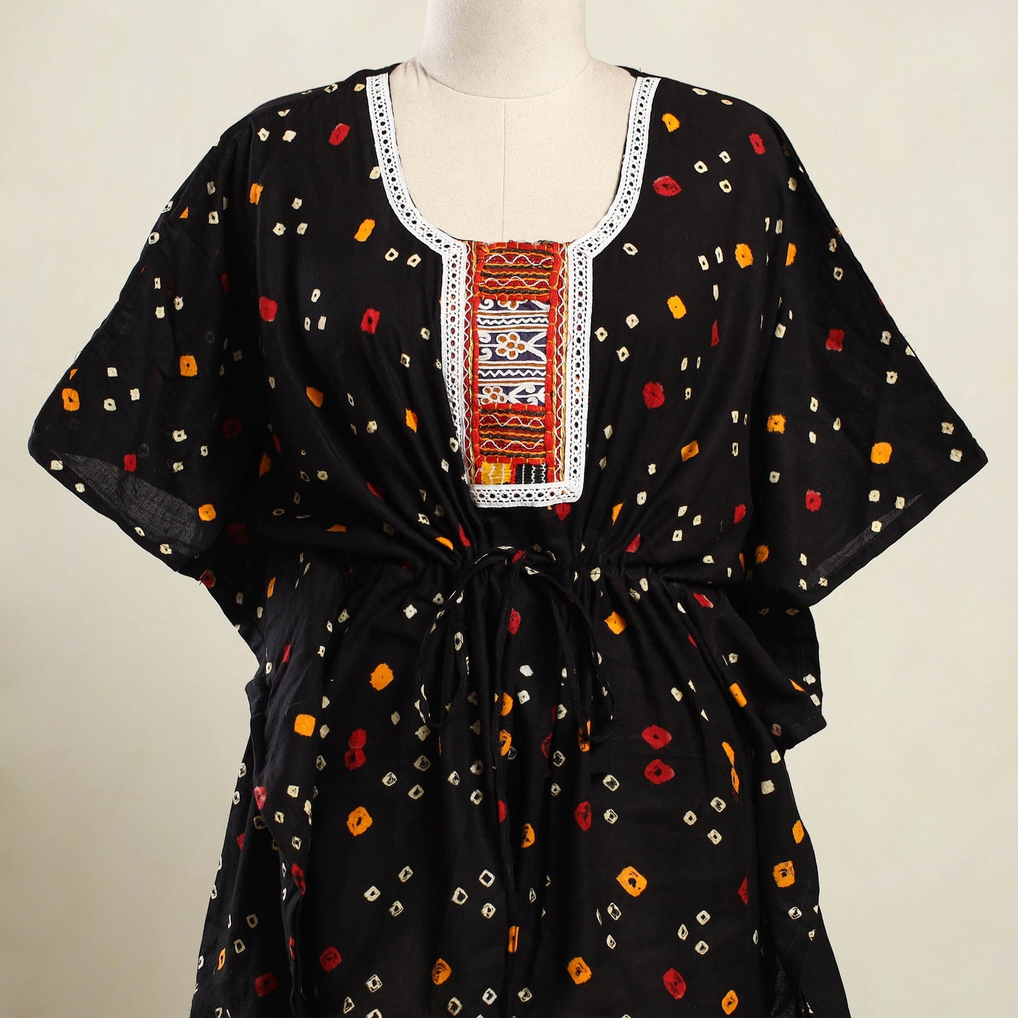 Black - bandhani cotton kaftan with desert embroidery