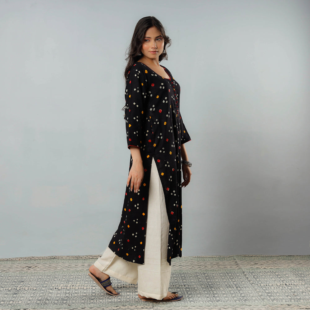 Buy Bandhani Tie-dye Cotton Long Straight Kurta Online at iTokri.com