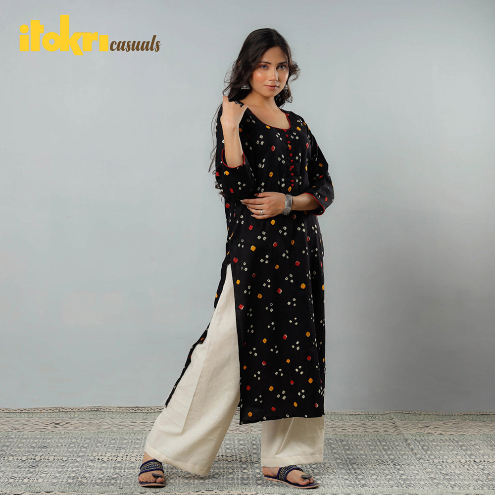 Buy Bandhani Tie-dye Cotton Long Straight Kurta Online at iTokri.com