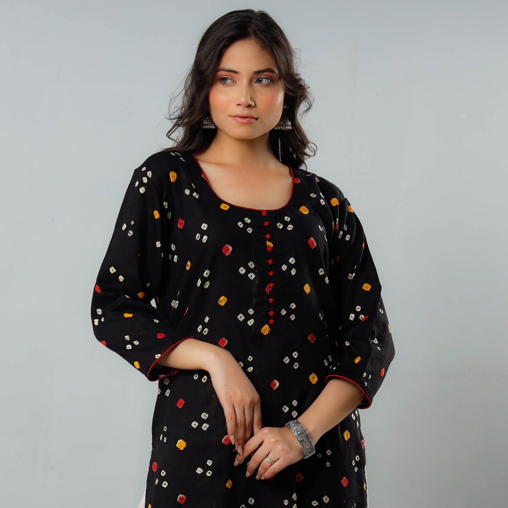 Buy Bandhani Tie-dye Cotton Long Straight Kurta Online at iTokri.com