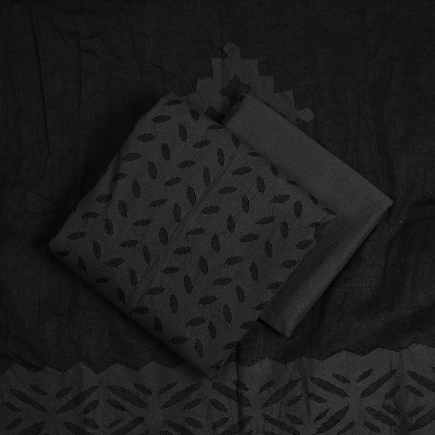 Black - 3pc cut work cotton barmer applique unstitched