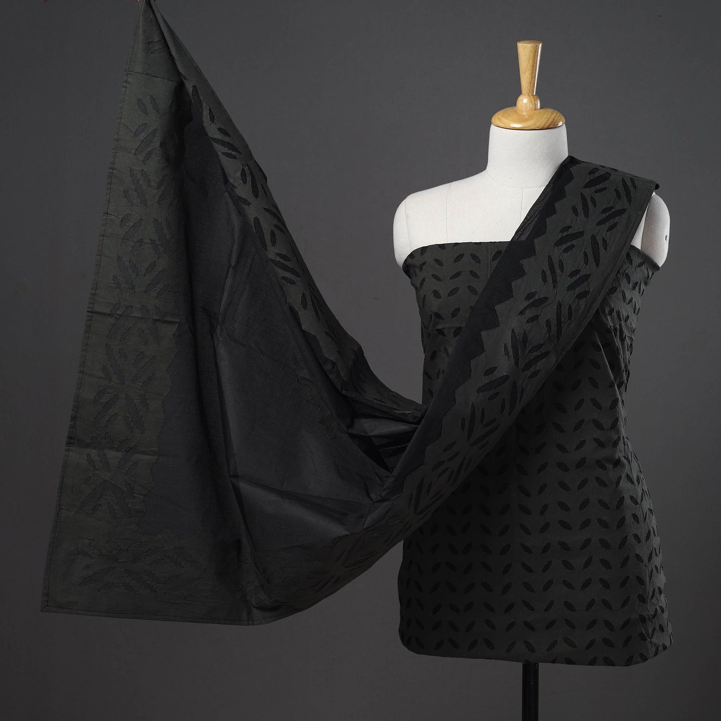 Black - 3pc cut work cotton barmer applique unstitched