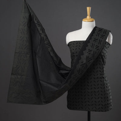 Black - 3pc cut work cotton barmer applique unstitched