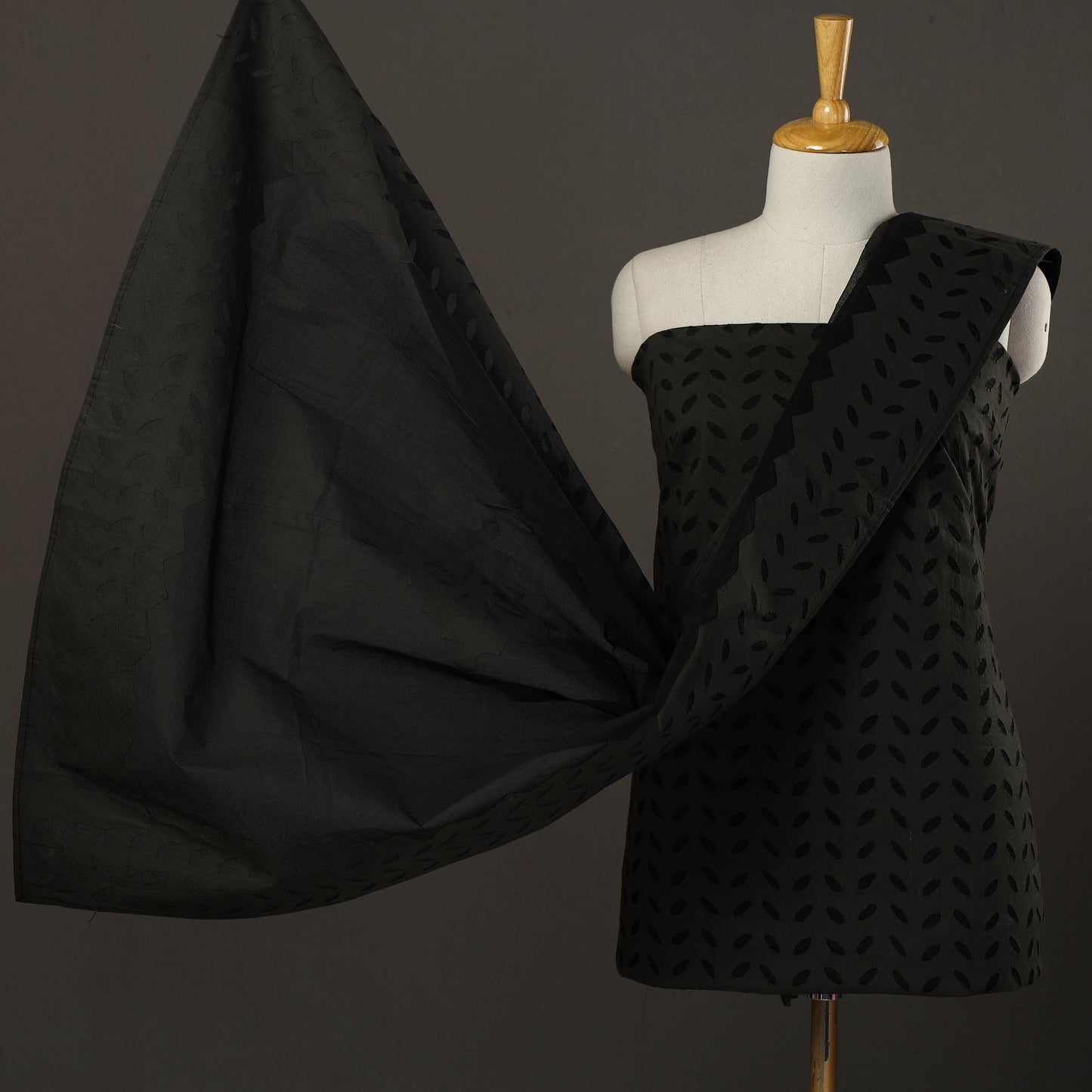 Black - 3pc cut work cotton barmer applique unstitched