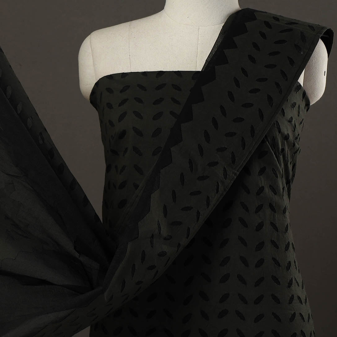 Black - 3pc cut work cotton barmer applique unstitched