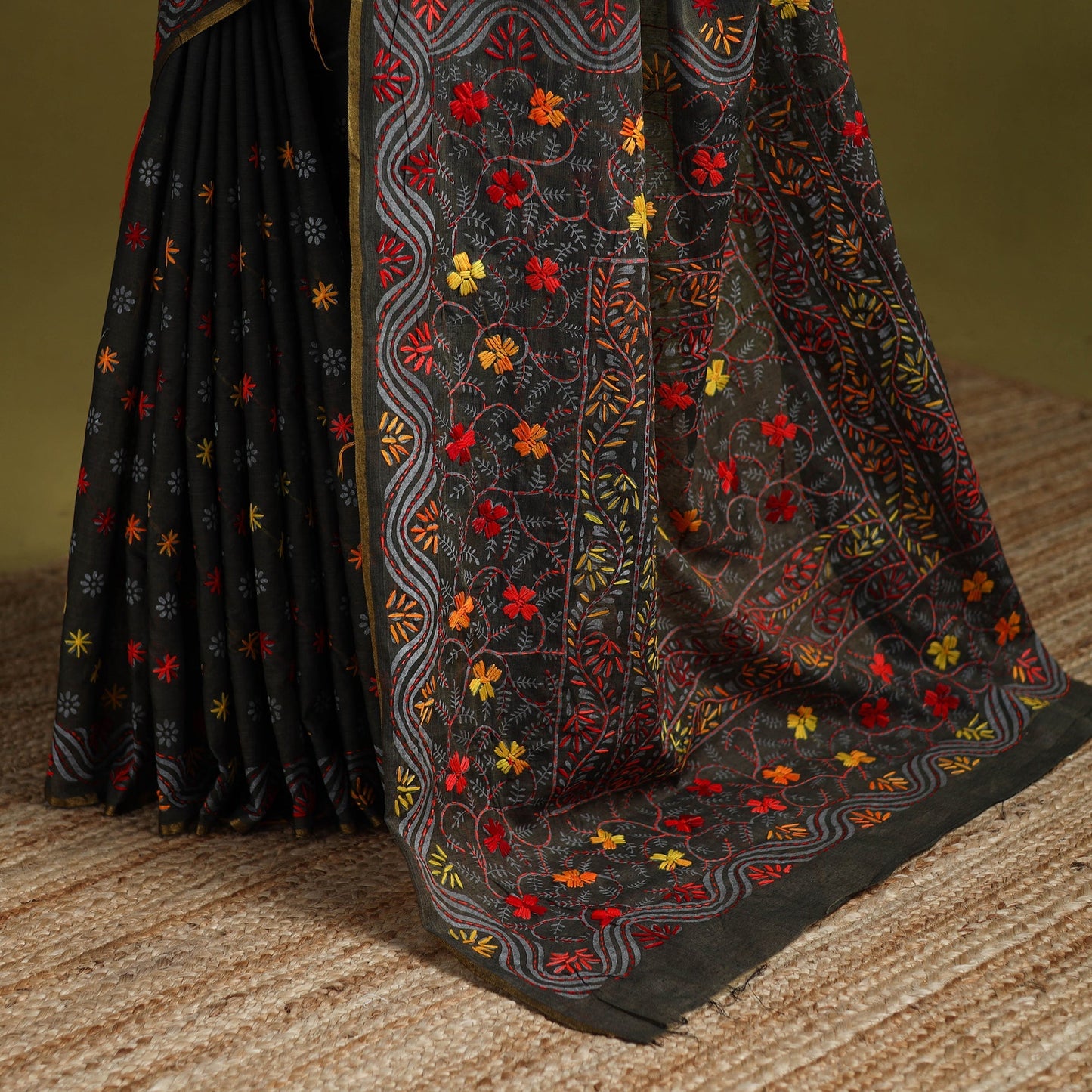 Bengal hand embroidery silk cotton chapa work kantha saree