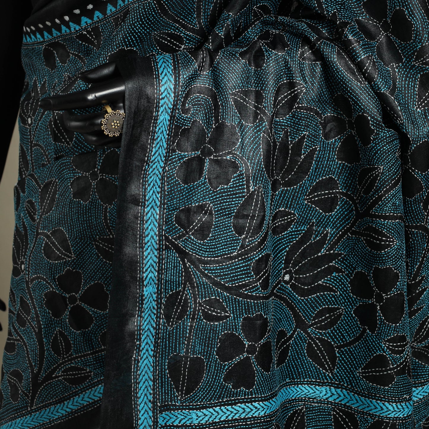 Black - bengal hand embroidery tussar silk handloom kantha