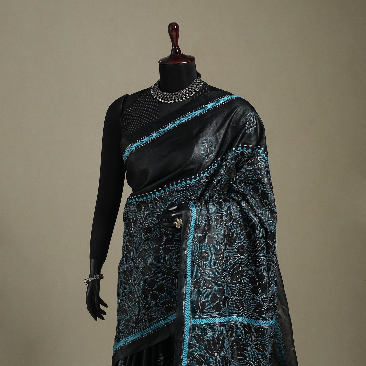 Black - bengal hand embroidery tussar silk handloom kantha