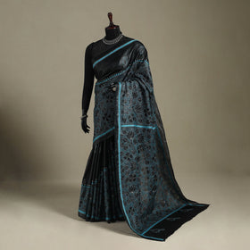 Black - bengal hand embroidery tussar silk handloom kantha