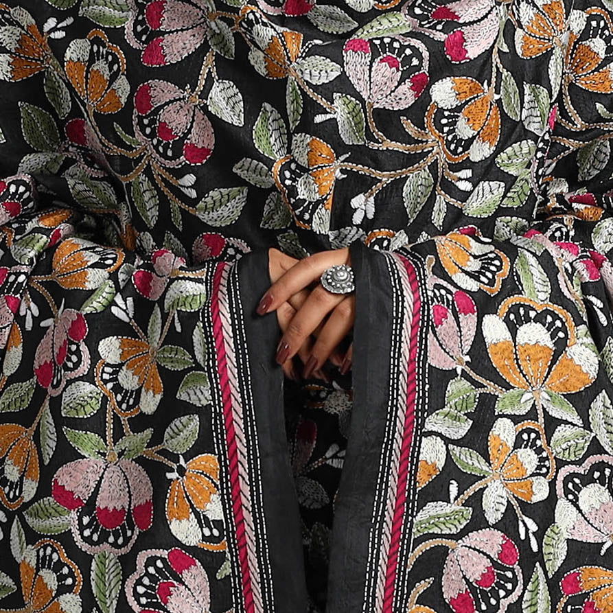 Black - bengal handloom silk kantha embroidery dupatta 06