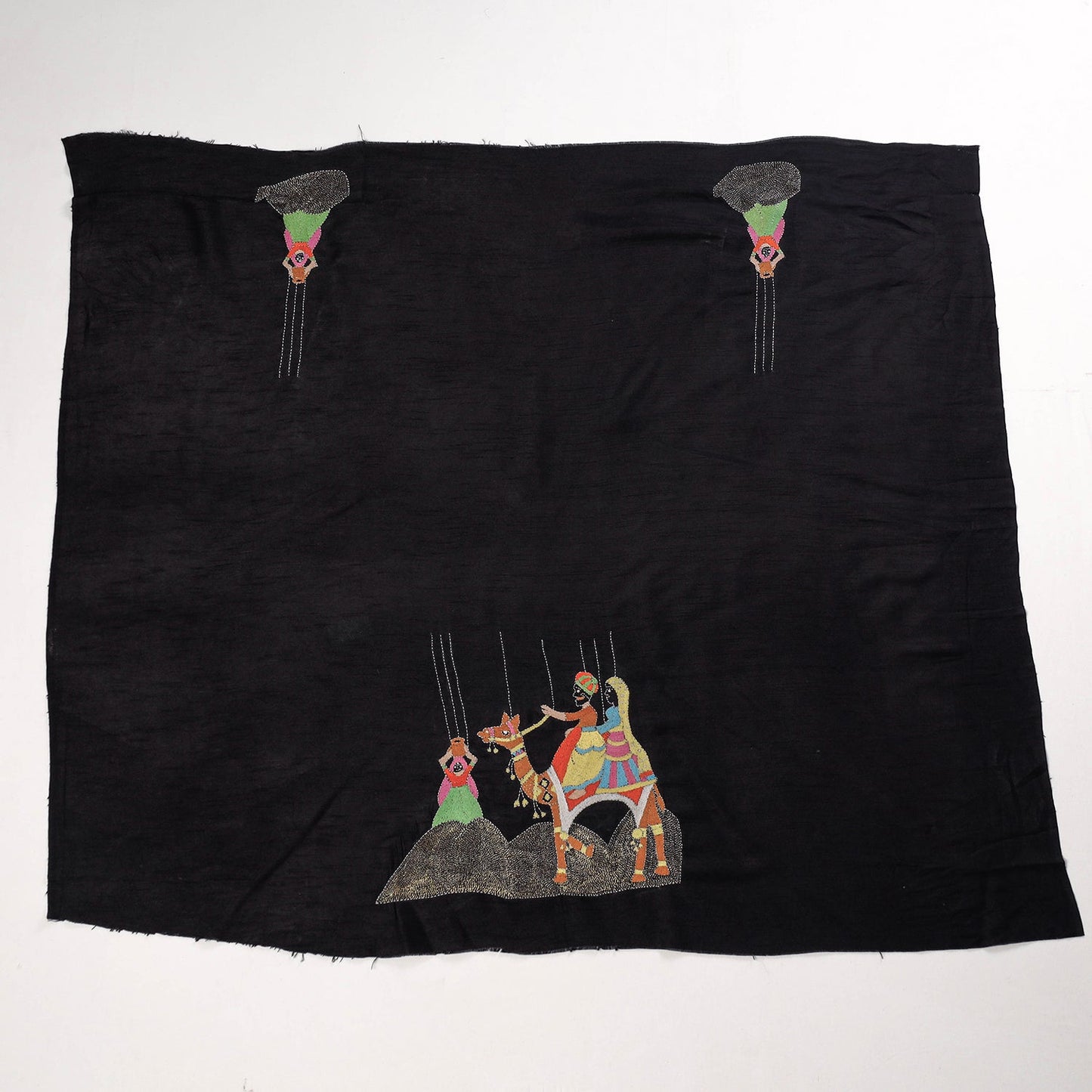 Black - Bengal Kantha Embroidery Raw Silk Blouse Piece
