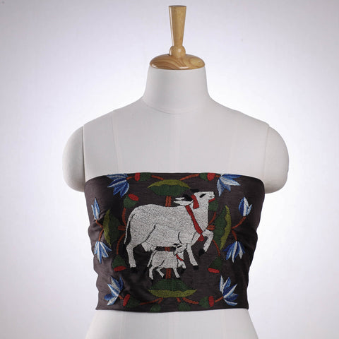 Black Bengal Kantha Embroidery Raw Silk Blouse Piece 