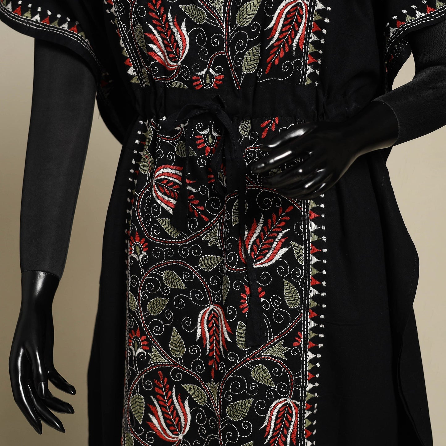 Black Bengal Kantha Hand Embroidery Cotton Kaftan (Long) 
