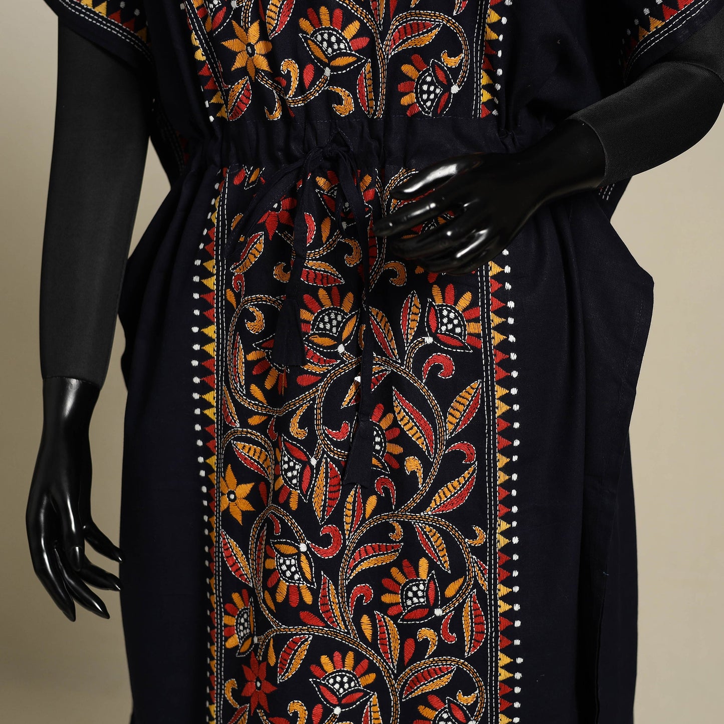 Black Bengal Kantha Hand Embroidery Cotton Kaftan (Long) 