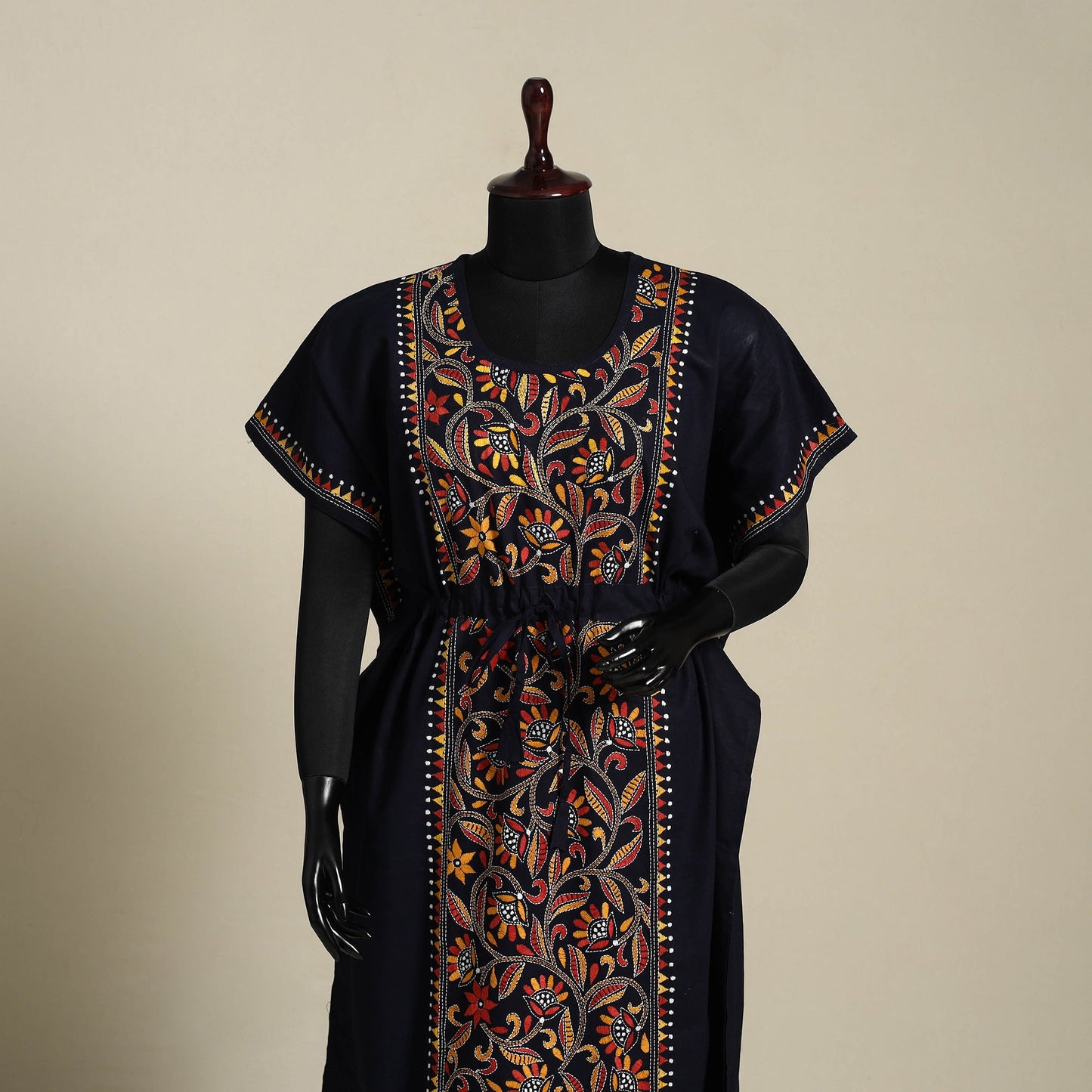 Black Bengal Kantha Hand Embroidery Cotton Kaftan (Long) 