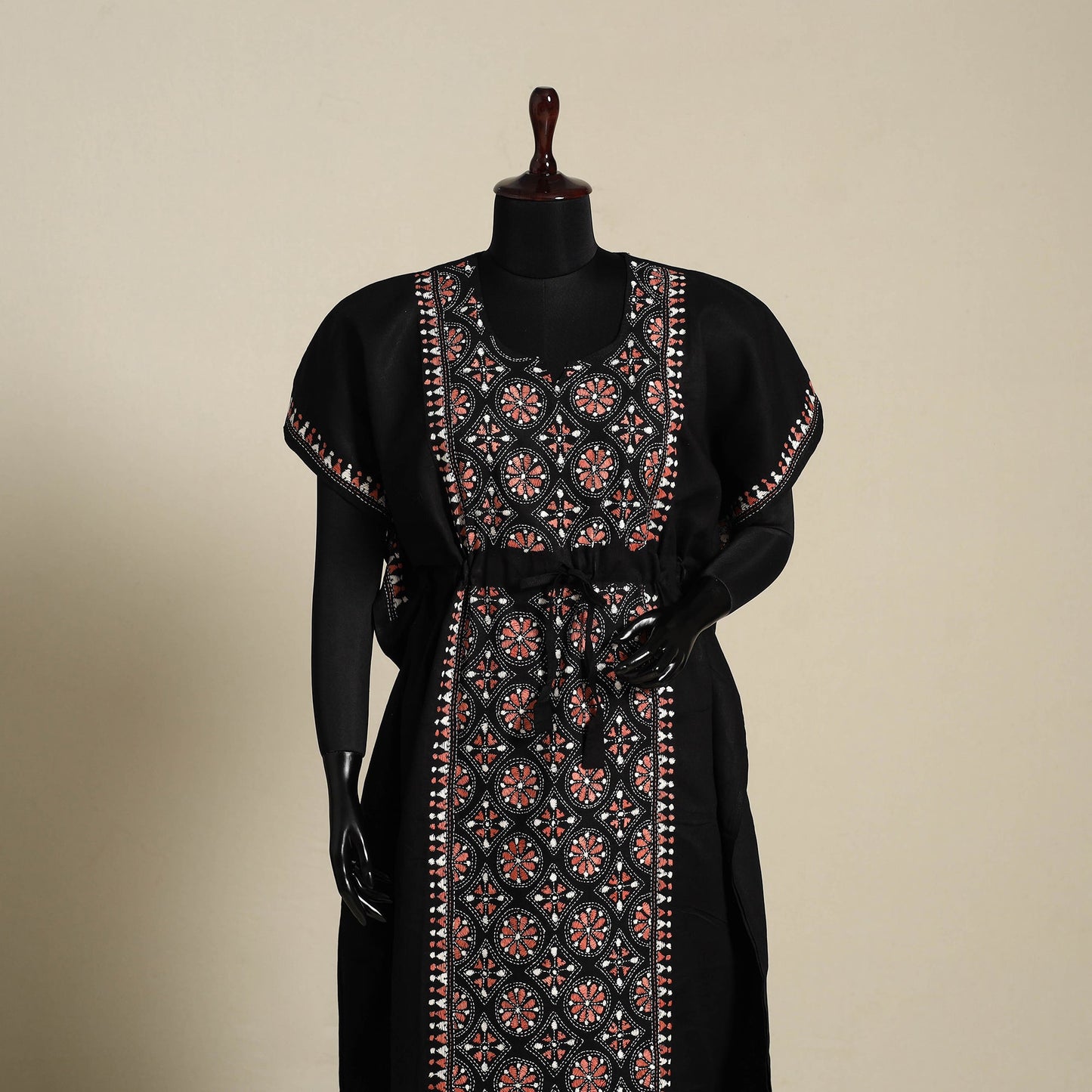 Black Bengal Kantha Hand Embroidery Cotton Kaftan (Long) 