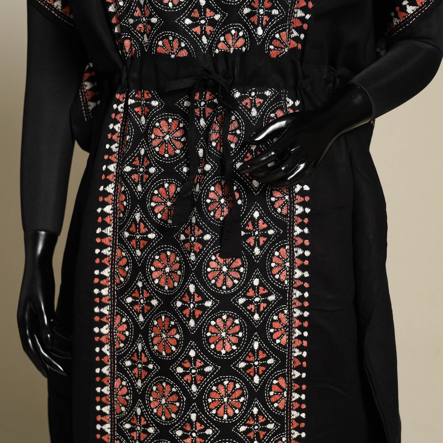 Black Bengal Kantha Hand Embroidery Cotton Kaftan (Long) 