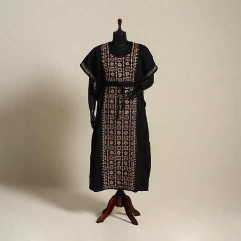 Black Bengal Kantha Hand Embroidery Cotton Kaftan (Long) 