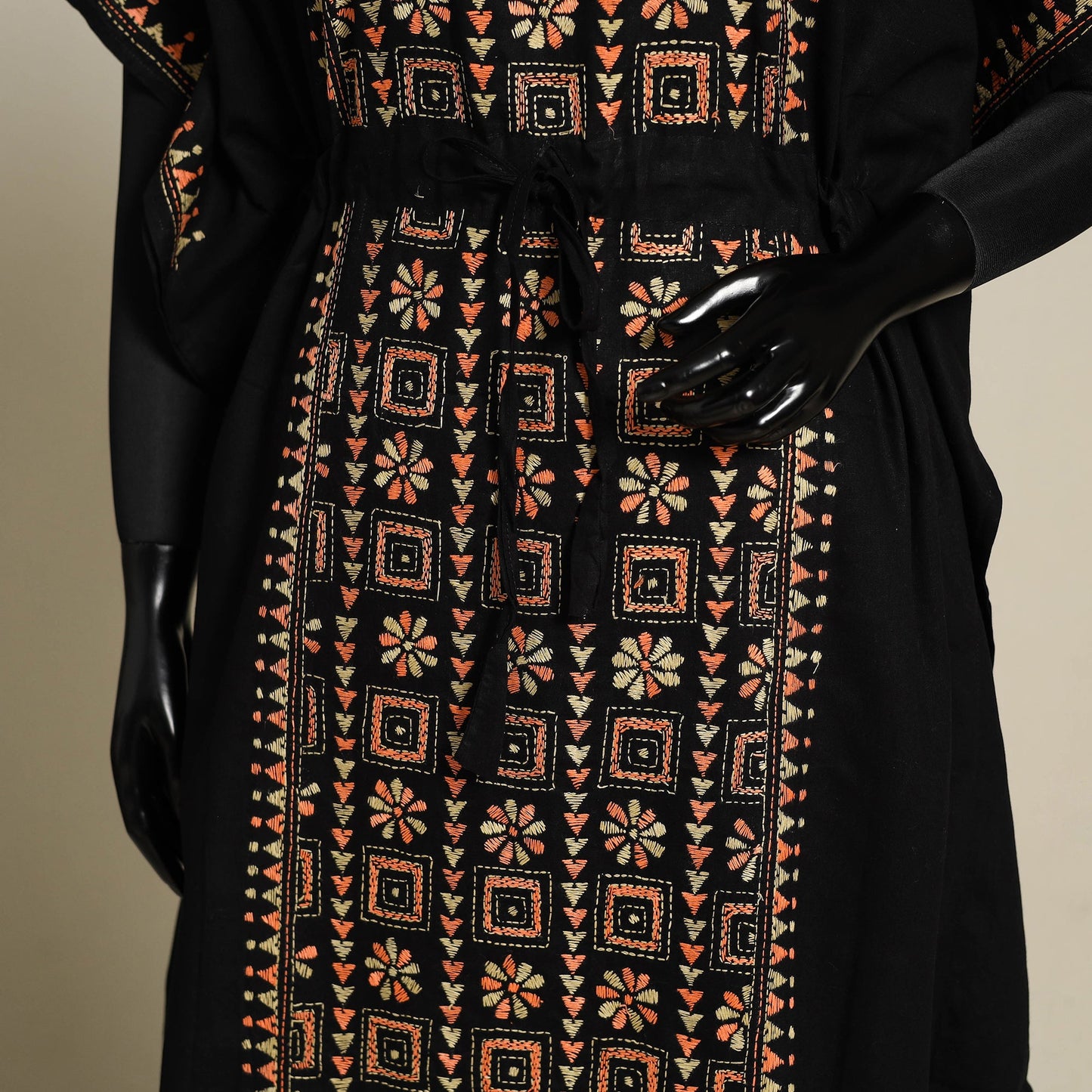 Black Bengal Kantha Hand Embroidery Cotton Kaftan (Long) 