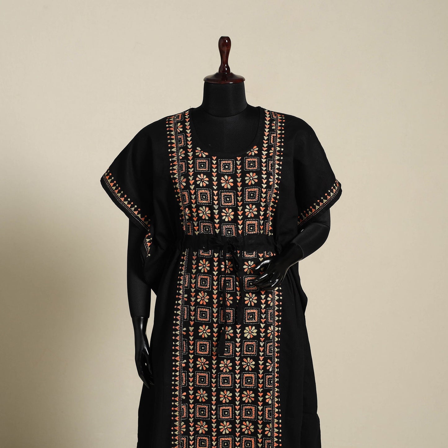 Black Bengal Kantha Hand Embroidery Cotton Kaftan (Long) 