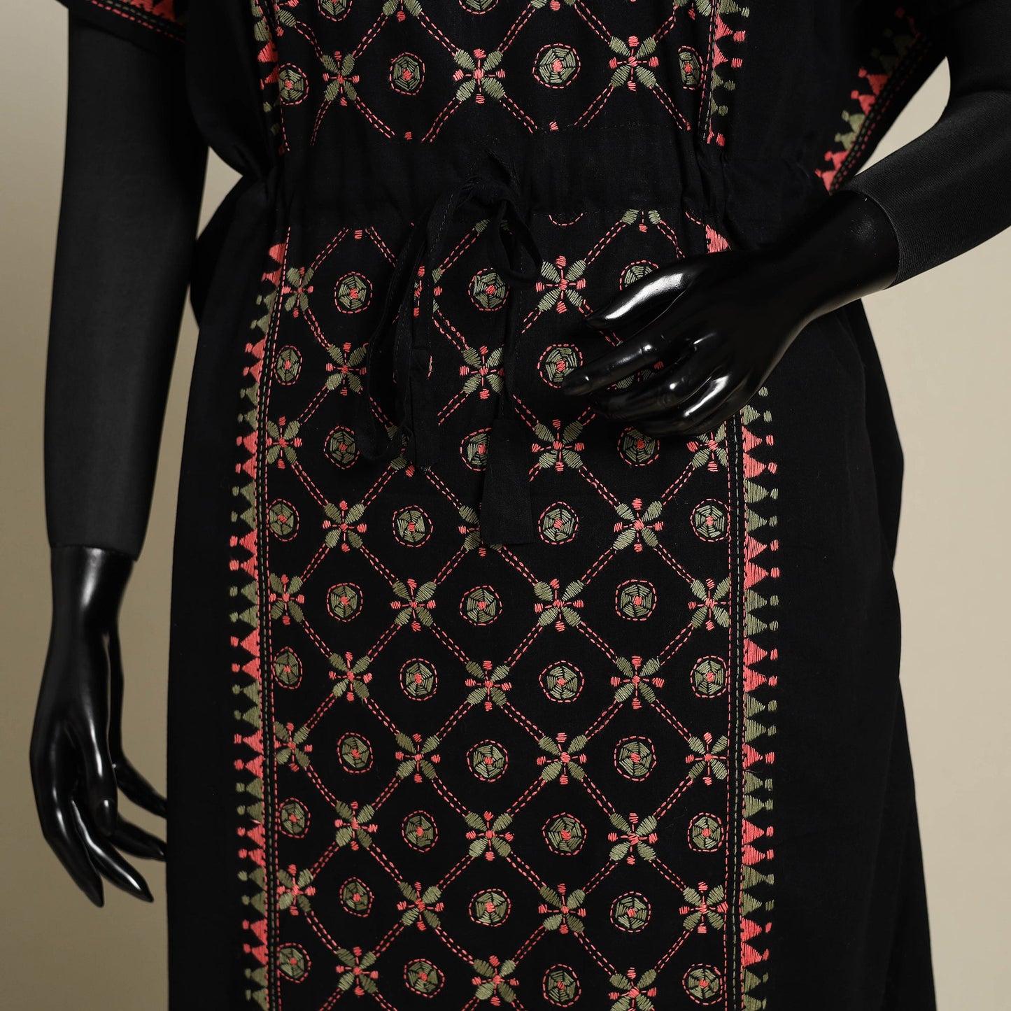 Black Bengal Kantha Hand Embroidery Cotton Kaftan (Long) 