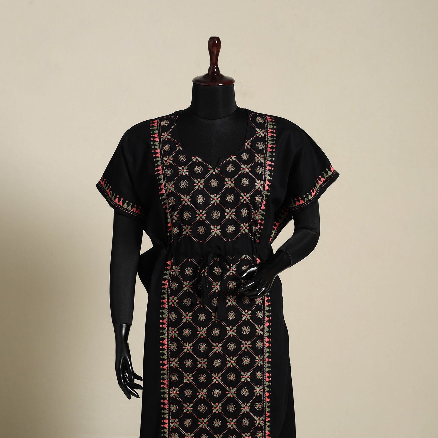Black Bengal Kantha Hand Embroidery Cotton Kaftan (Long) 