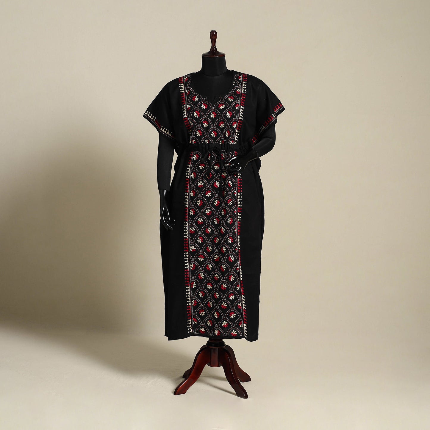 Black Bengal Kantha Hand Embroidery Cotton Kaftan (Long) 