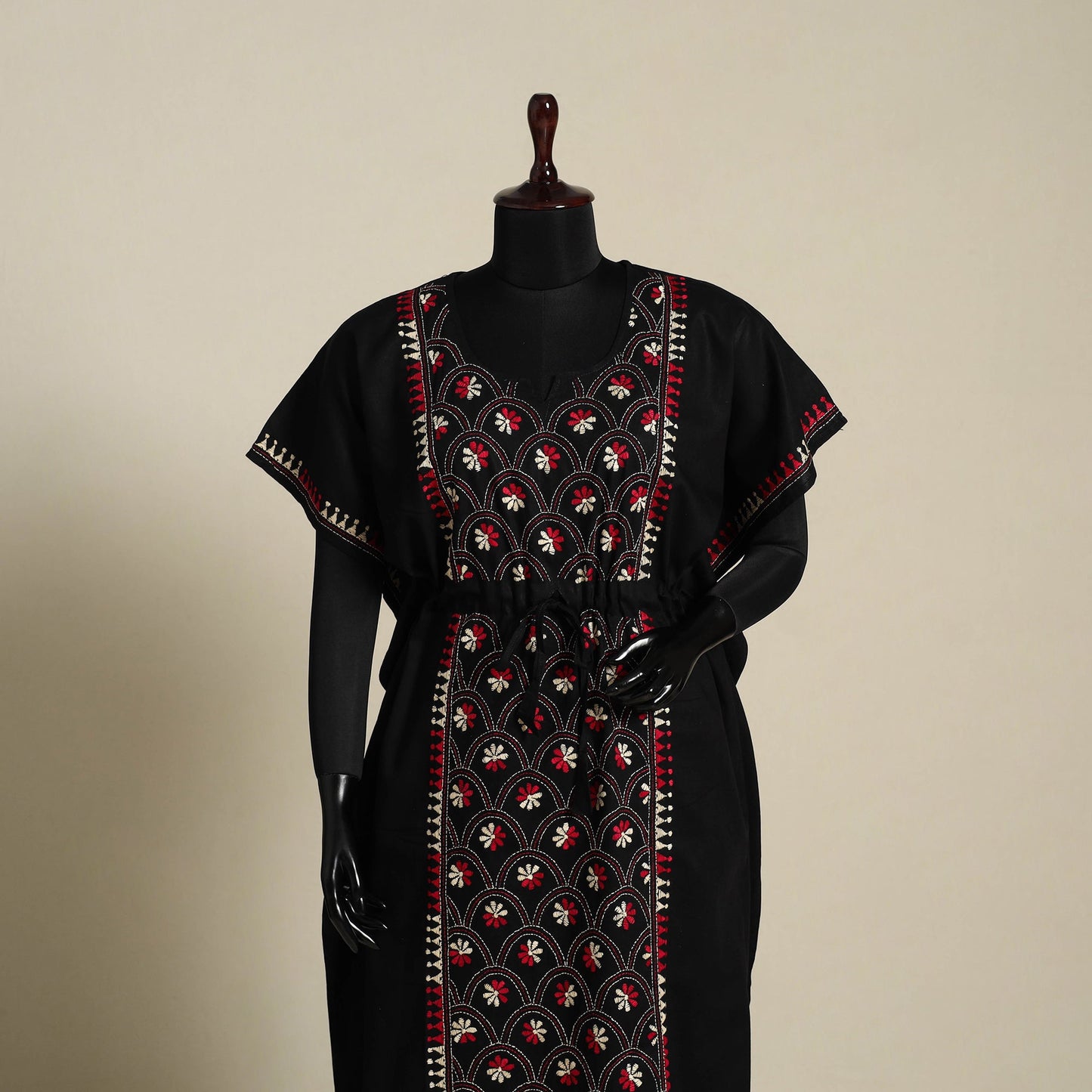 Black Bengal Kantha Hand Embroidery Cotton Kaftan (Long) 