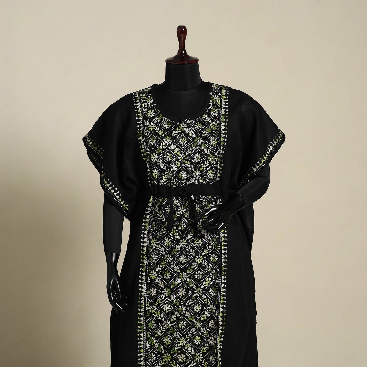Black Bengal Kantha Hand Embroidery Cotton Kaftan (Long) 