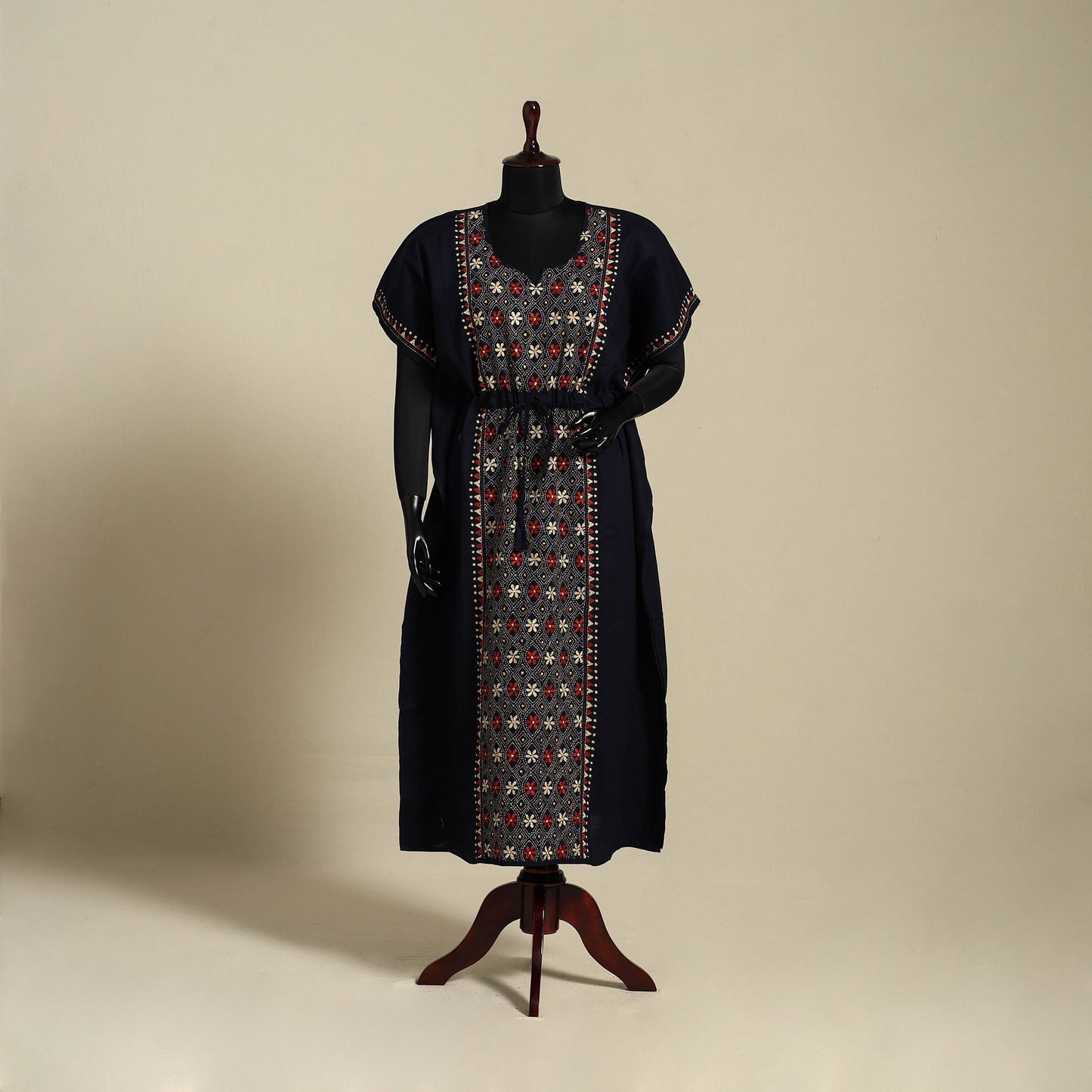 Black Bengal Kantha Hand Embroidery Cotton Kaftan (Long) 