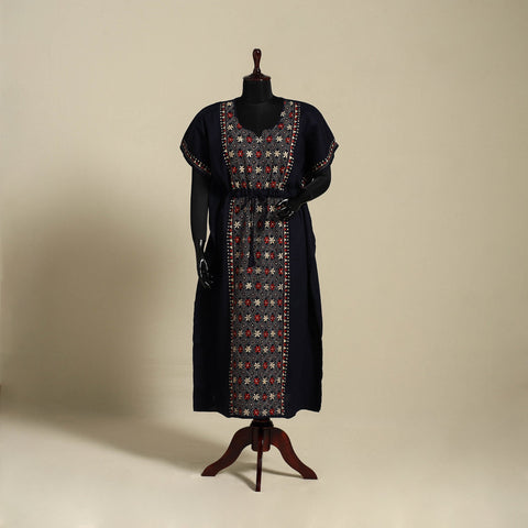Black Bengal Kantha Hand Embroidery Cotton Kaftan (Long) 