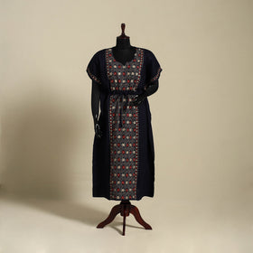 Black Bengal Kantha Hand Embroidery Cotton Kaftan (Long) 