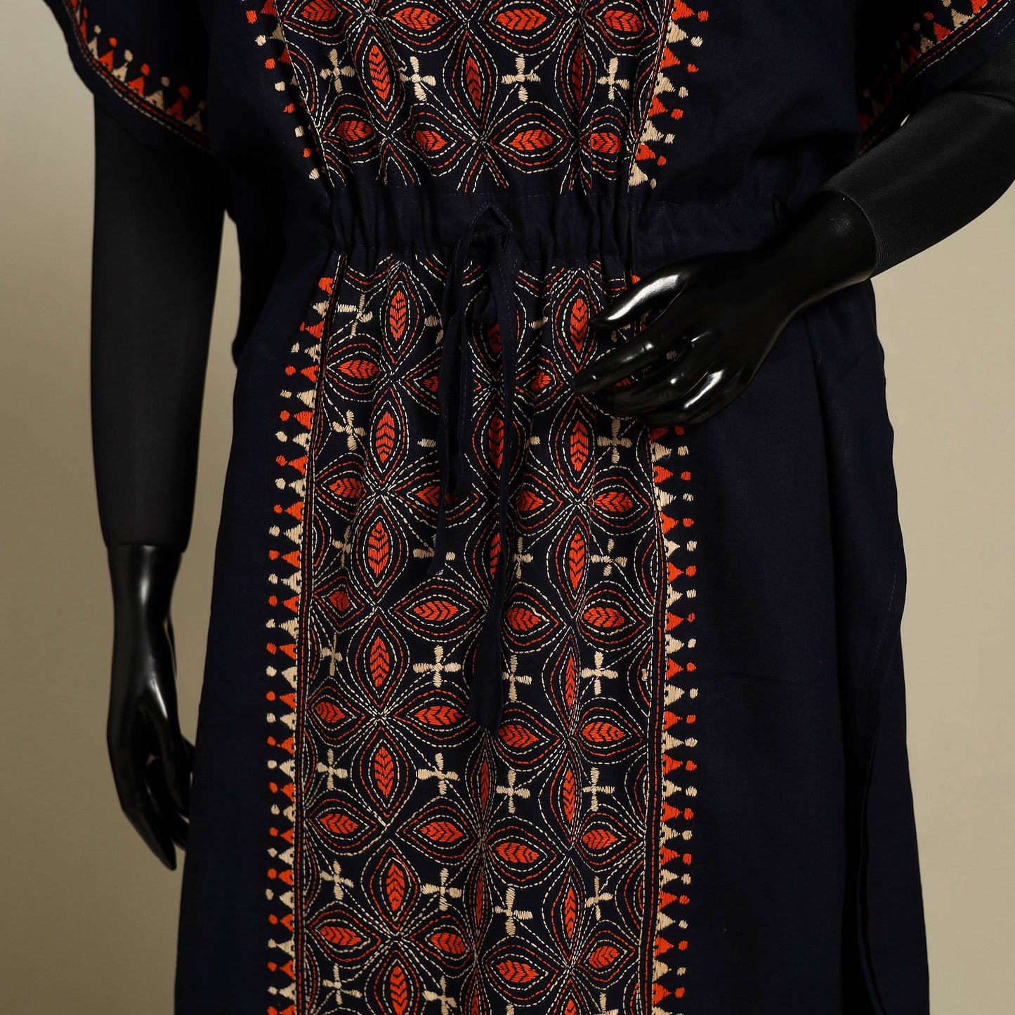 Black - bengal kantha hand embroidery cotton kaftan (long)