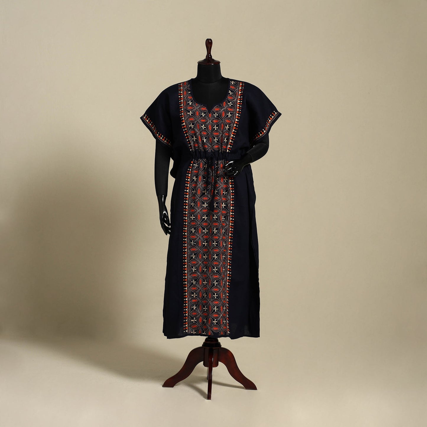 Black - bengal kantha hand embroidery cotton kaftan (long)