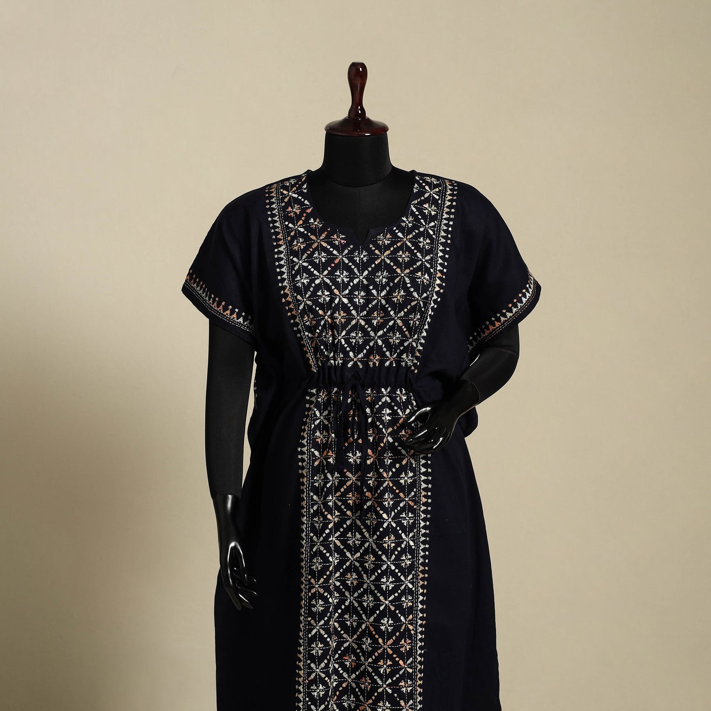 Black Bengal Kantha Hand Embroidery Cotton Kaftan (Long) 