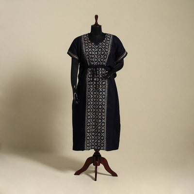 Black Bengal Kantha Hand Embroidery Cotton Kaftan (Long) 