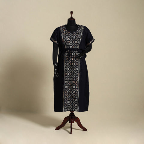 Black Bengal Kantha Hand Embroidery Cotton Kaftan (Long) 