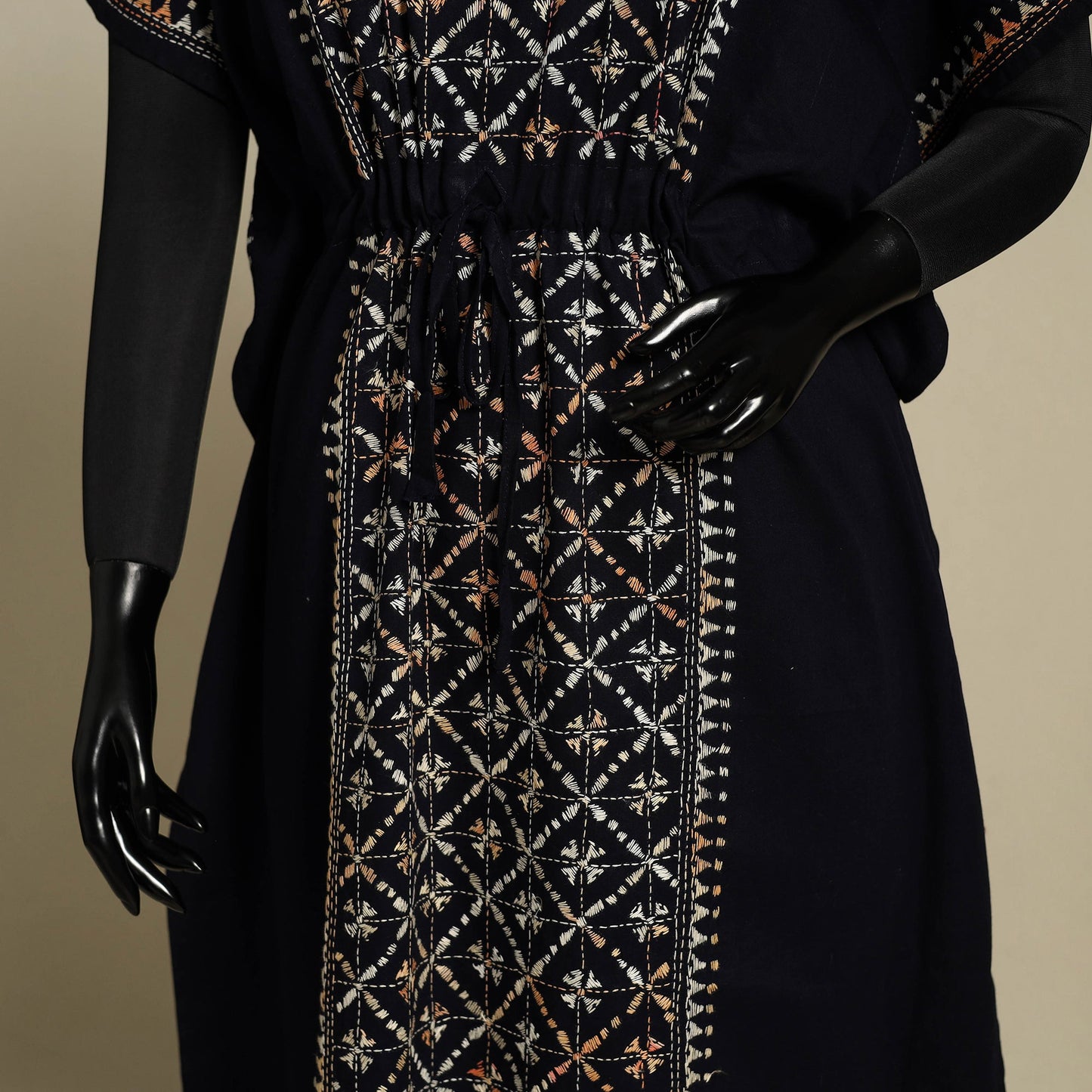 Black Bengal Kantha Hand Embroidery Cotton Kaftan (Long) 