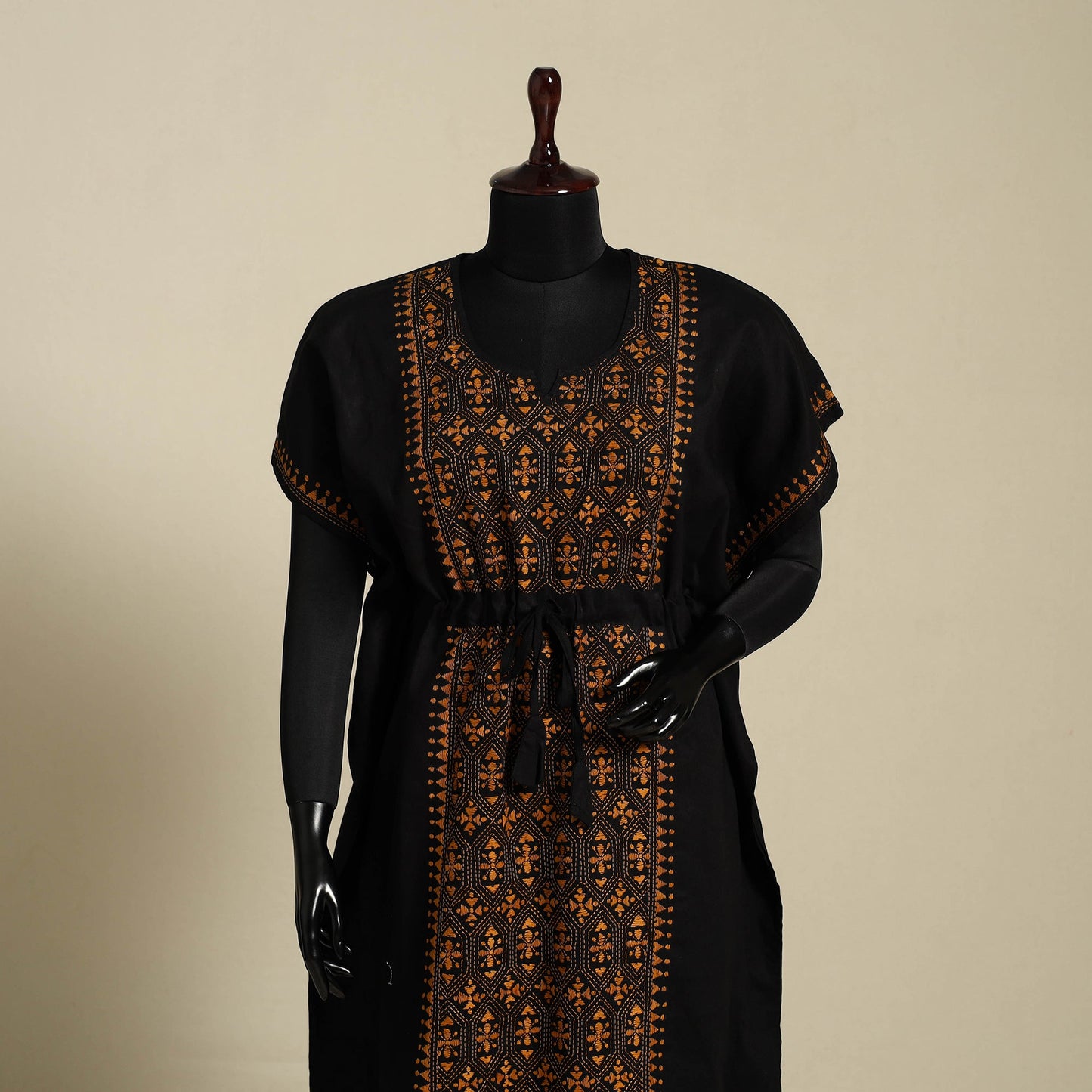 Black - bengal kantha hand embroidery cotton kaftan (long)