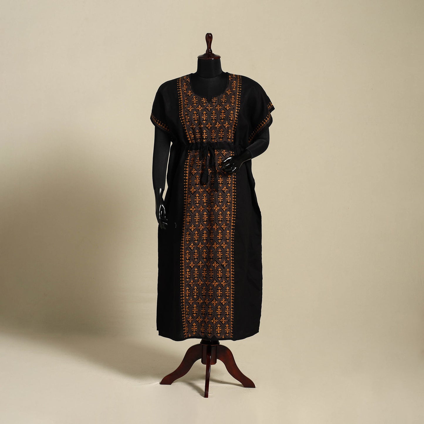 Black - bengal kantha hand embroidery cotton kaftan (long)