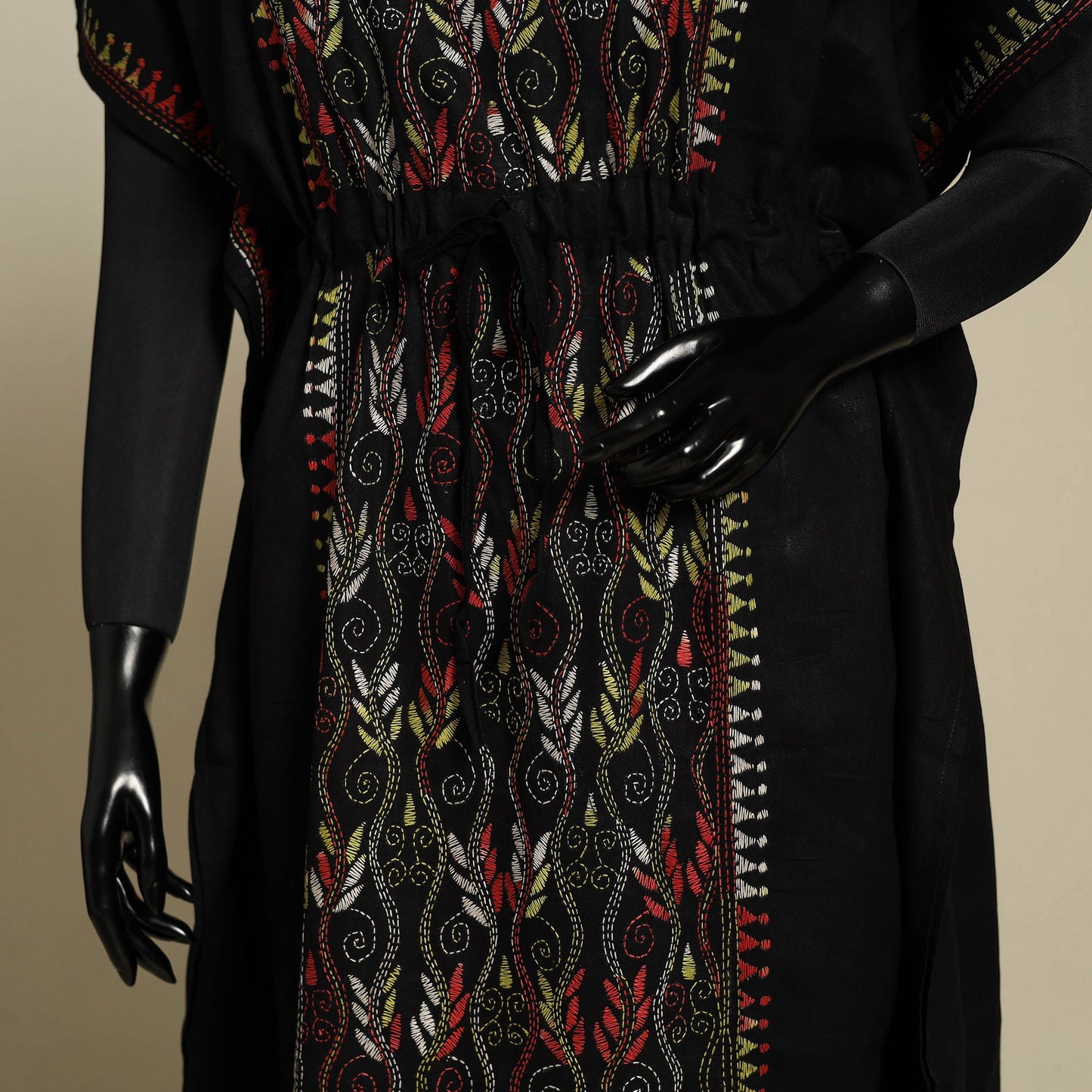 Black - bengal kantha hand embroidery cotton kaftan (long)