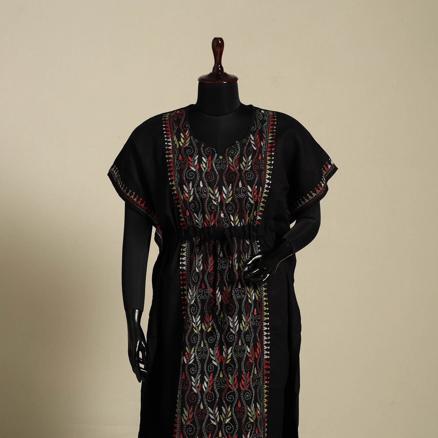 Black - bengal kantha hand embroidery cotton kaftan (long)