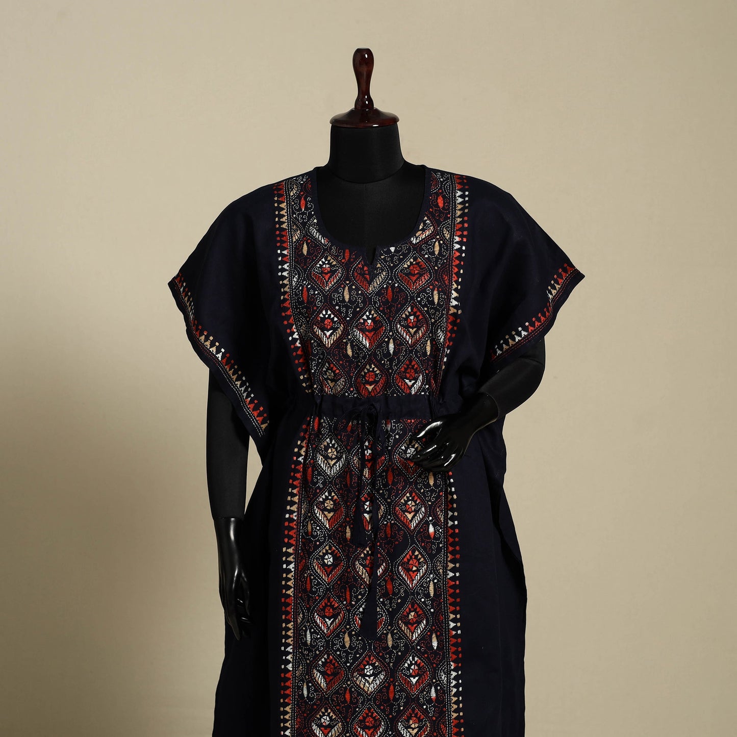 Black Bengal Kantha Hand Embroidery Cotton Kaftan (Long) 