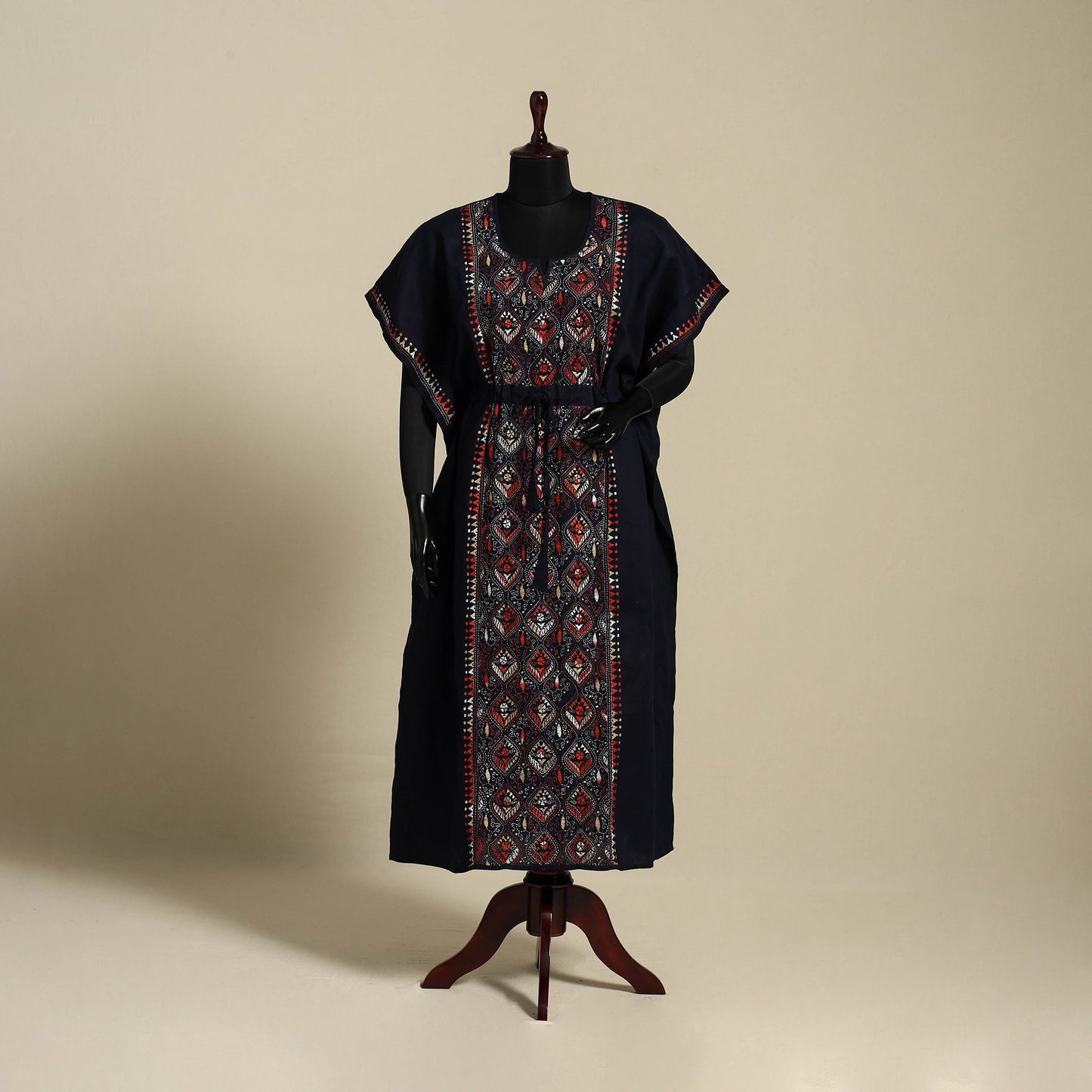 Black Bengal Kantha Hand Embroidery Cotton Kaftan (Long) 