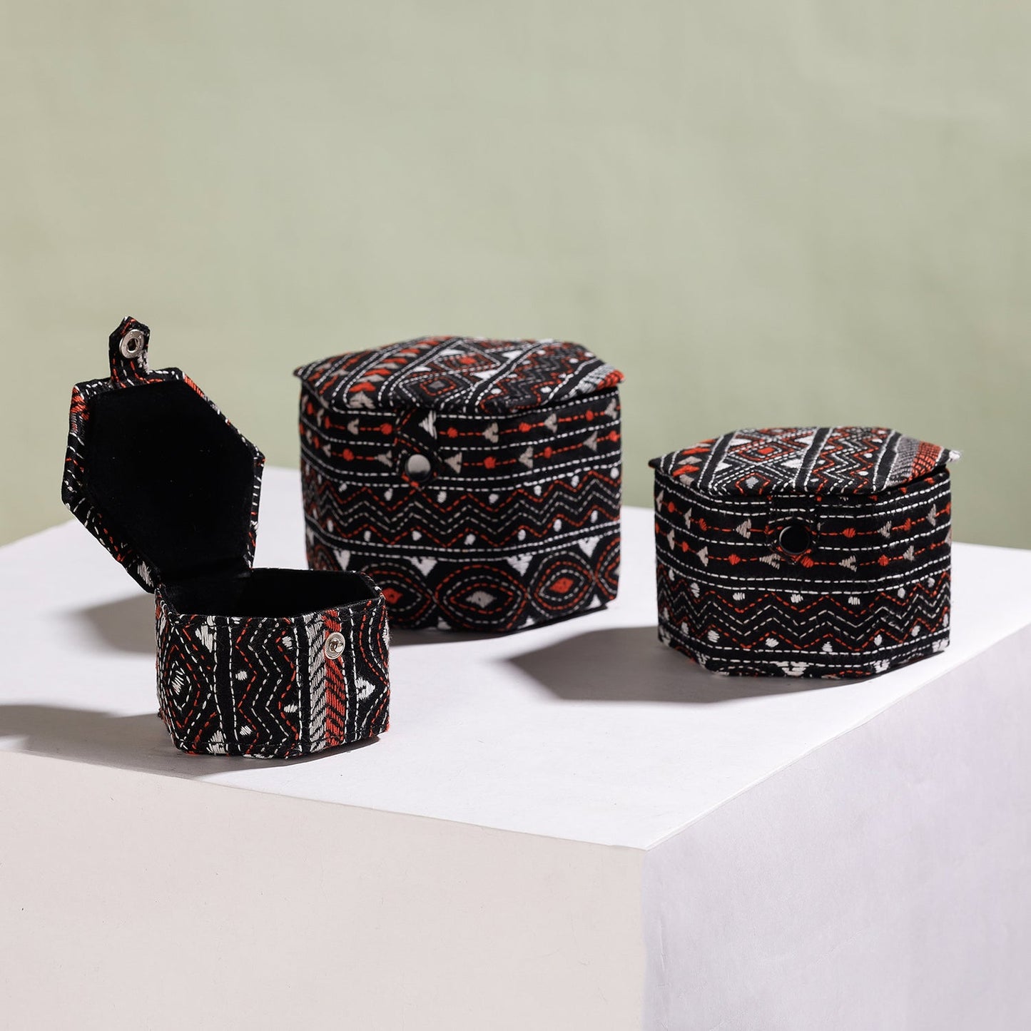  Bengal Kantha Work Handcrafted Hexagon Jewelry Box (Set of 3) 