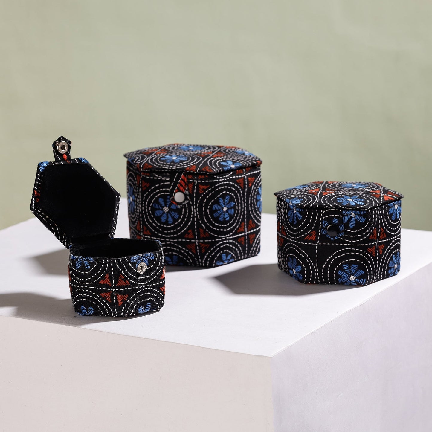  Bengal Kantha Work Handcrafted Hexagon Jewelry Box (Set of 3) 