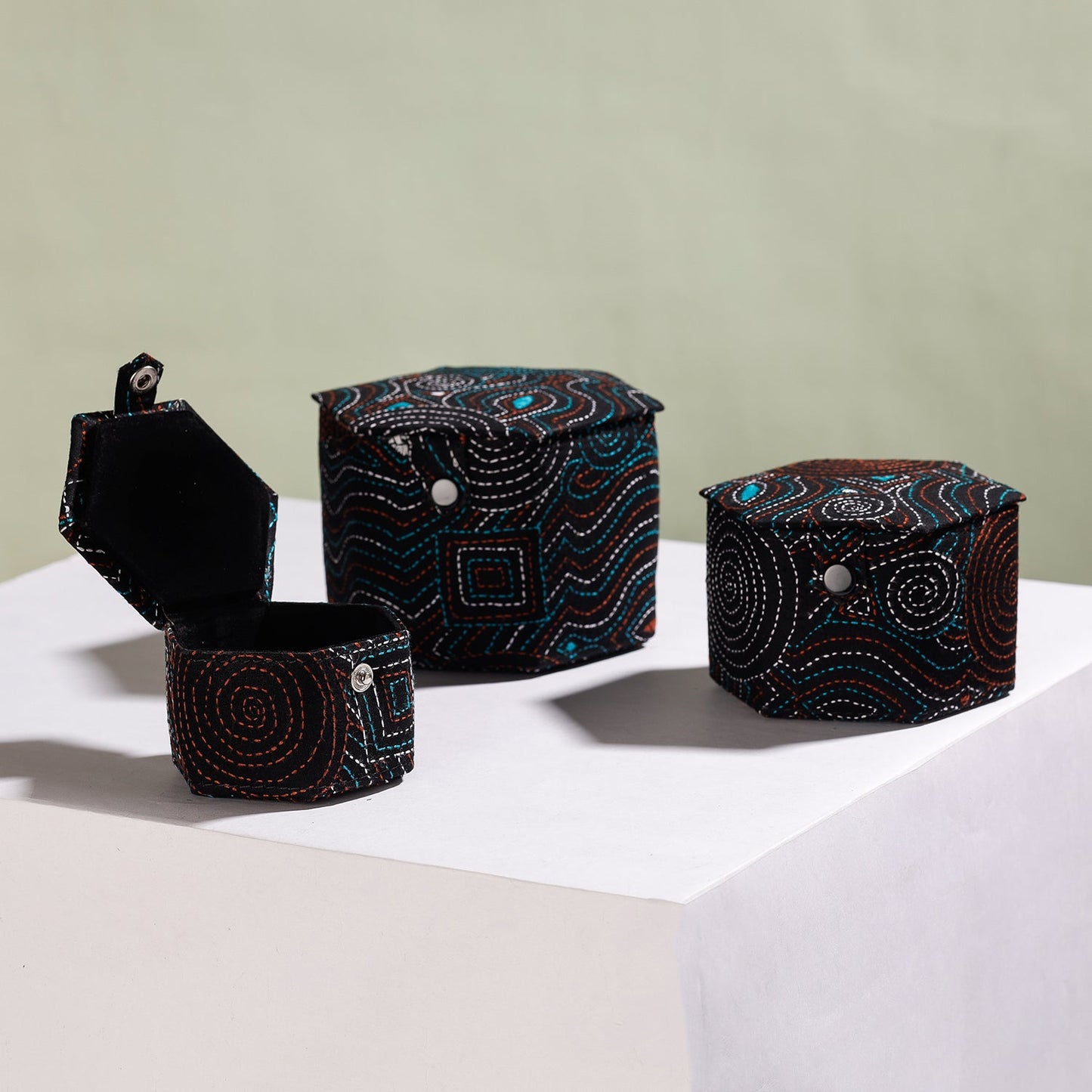  Bengal Kantha Work Handcrafted Hexagon Jewelry Box (Set of 3) 