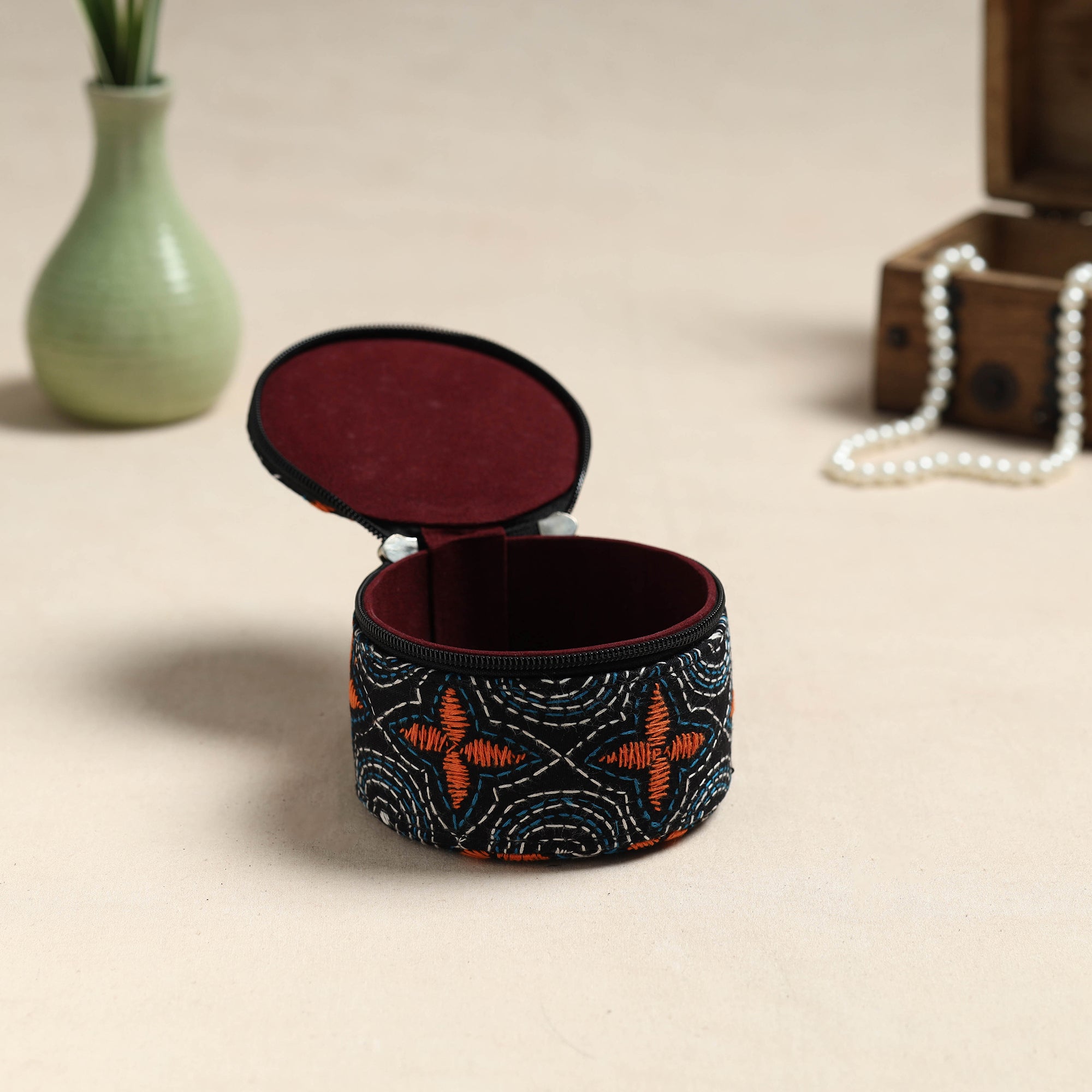Bengal Kantha Work Handcrafted Round Black Utility Box