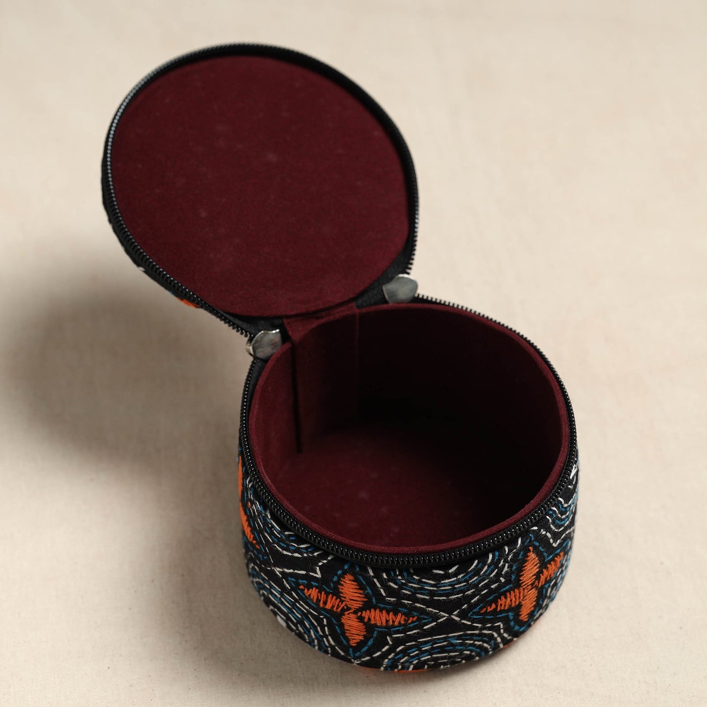 Bengal Kantha Work Handcrafted Round Black Utility Box