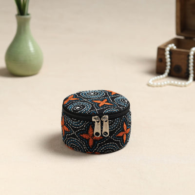 Bengal Kantha Work Handcrafted Round Black Utility Box
